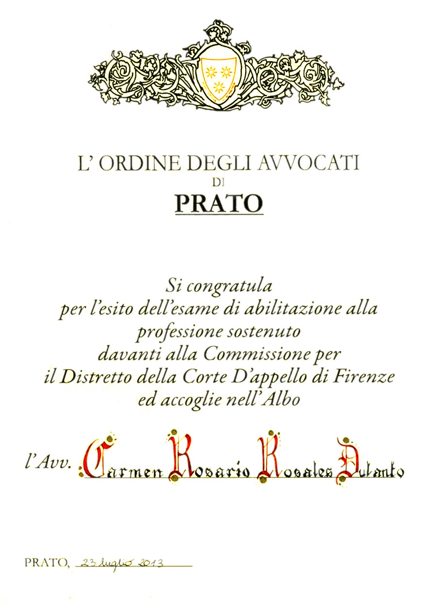 Attestato di abilitazione dell'Ordine degli Avvocati di Prato
